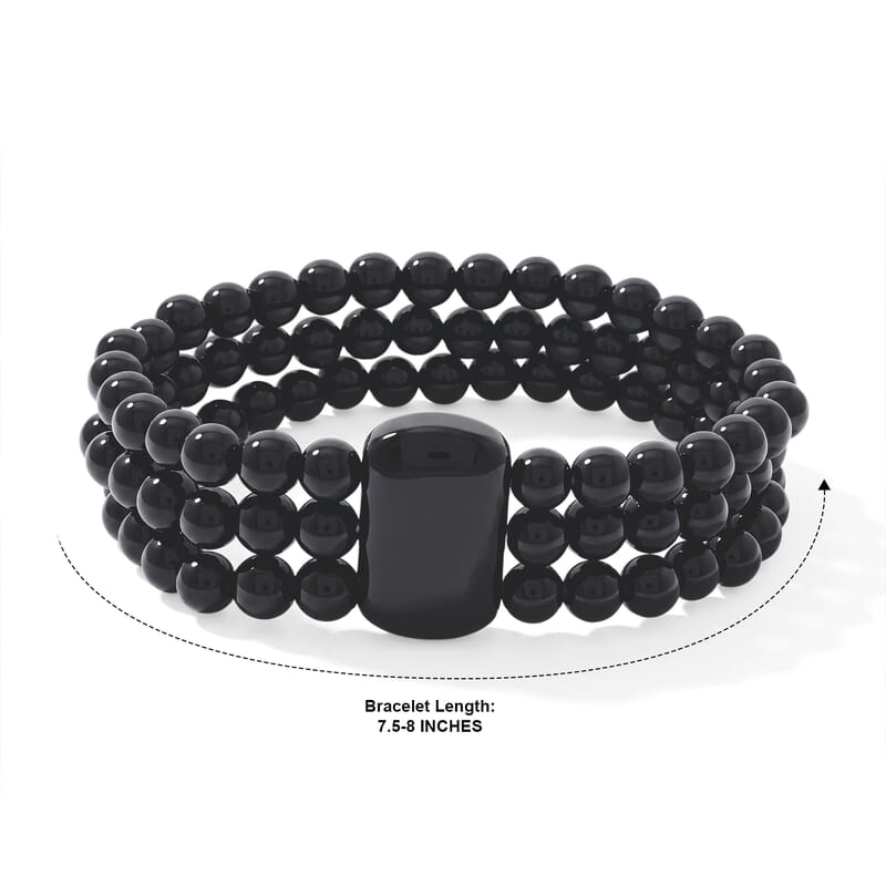 Black Obsidian 170.00 ctw 3 Row Beaded Stretch Bracelet (7.50-8.00In)