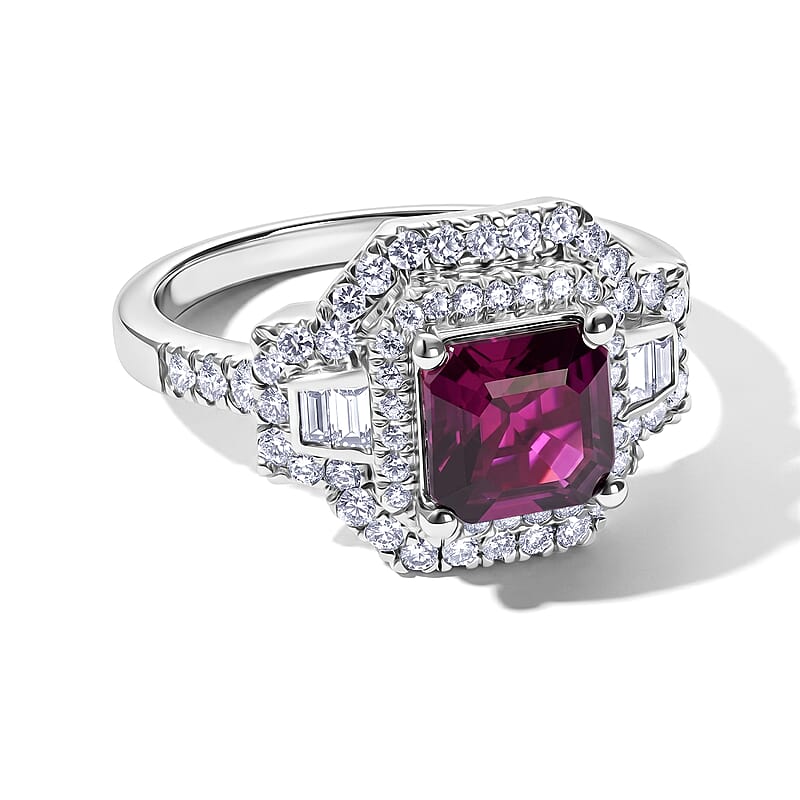 D'Joy AAA Radiant Ember Garnet and Moissanite 2.65 ctw Ring in Rhodium Over Sterling Silver (Size 5.0)