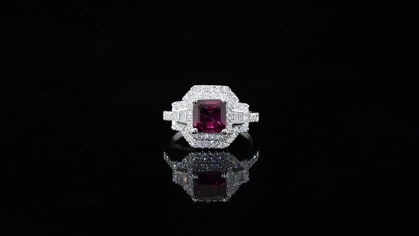 D''Joy AAA Radiant Ember Garnet, Moissanite Ring in Rhodium Over Sterling Silver (Size 10.0) 2.65 ctw