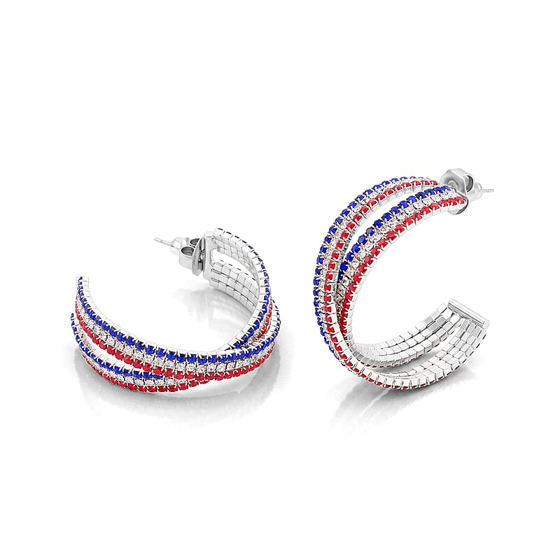 Multi Color Austrian Crystal USA Flag Pattern Earrings in Silvertone