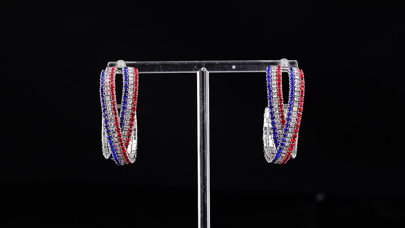 Multi Color Austrian Crystal USA Flag Pattern Earrings in Silvertone 8666204