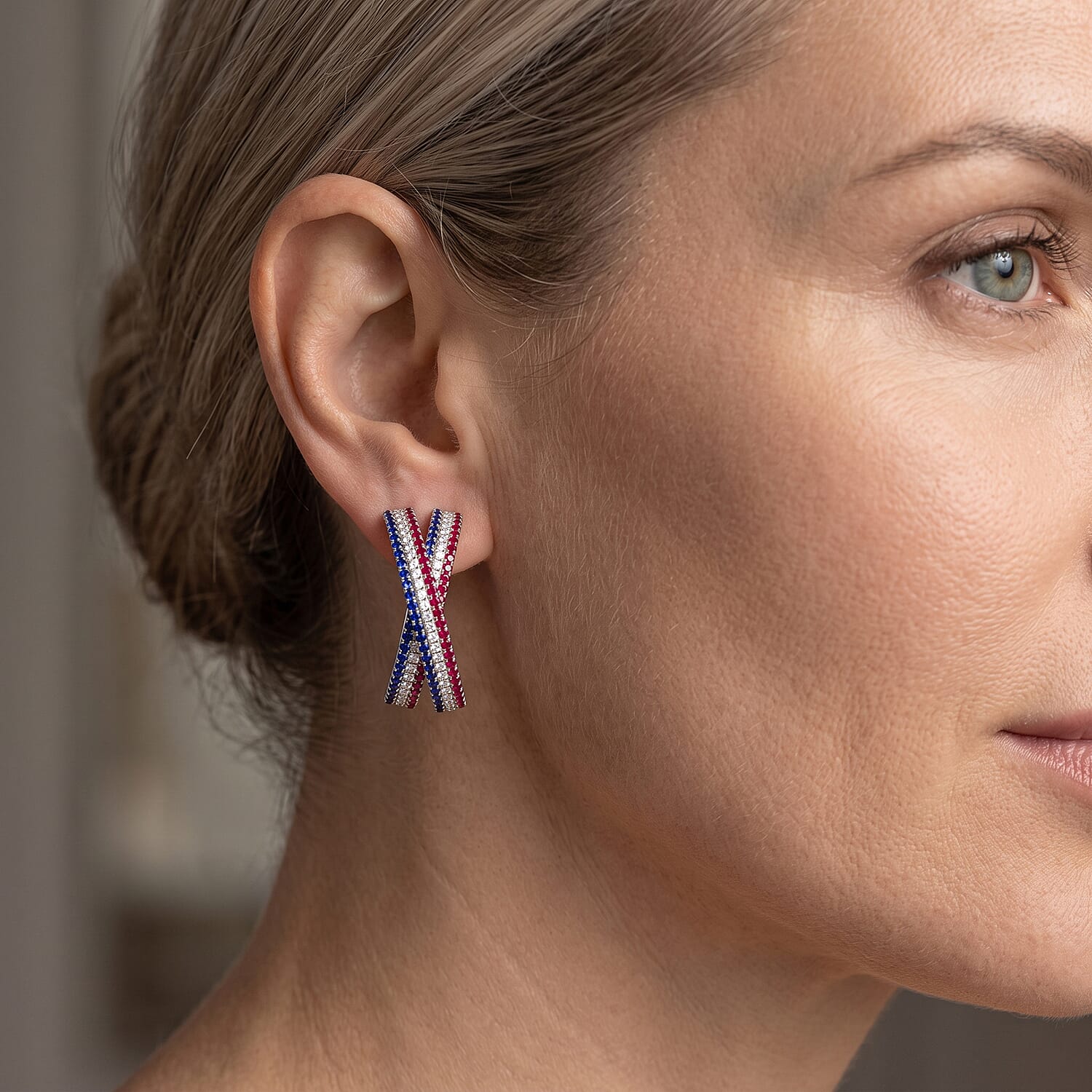 Multi Color Austrian Crystal USA Flag Pattern Earrings in Silvertone