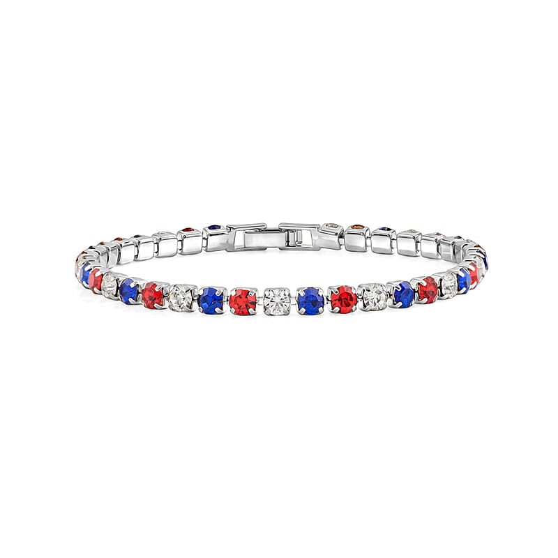 Multi Color Austrian Crystal USA Flag Pattern Bracelet in Silvertone (7.25 In)