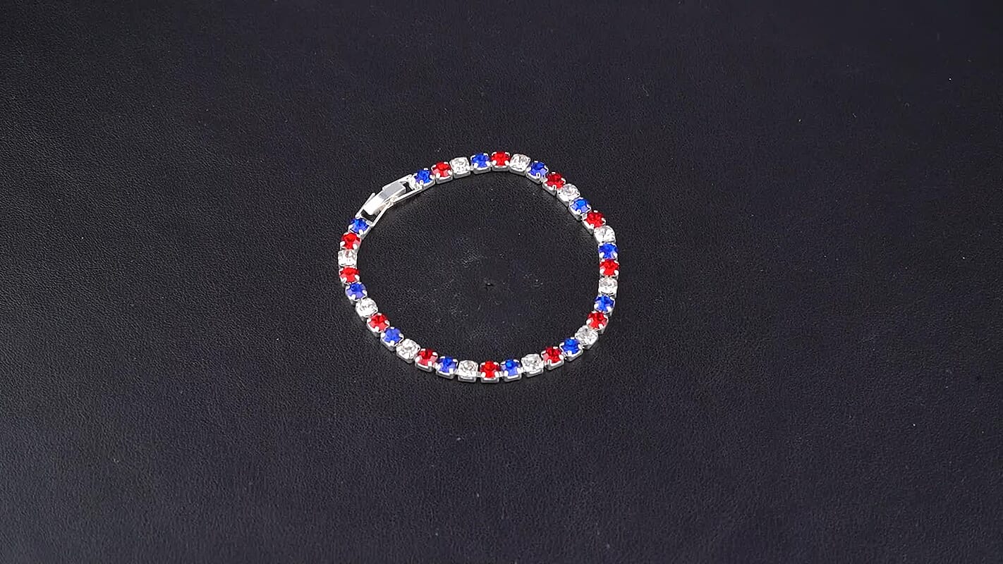 Multi Color Austrian Crystal USA Flag Pattern Bracelet in Silvertone (7.25 In)
