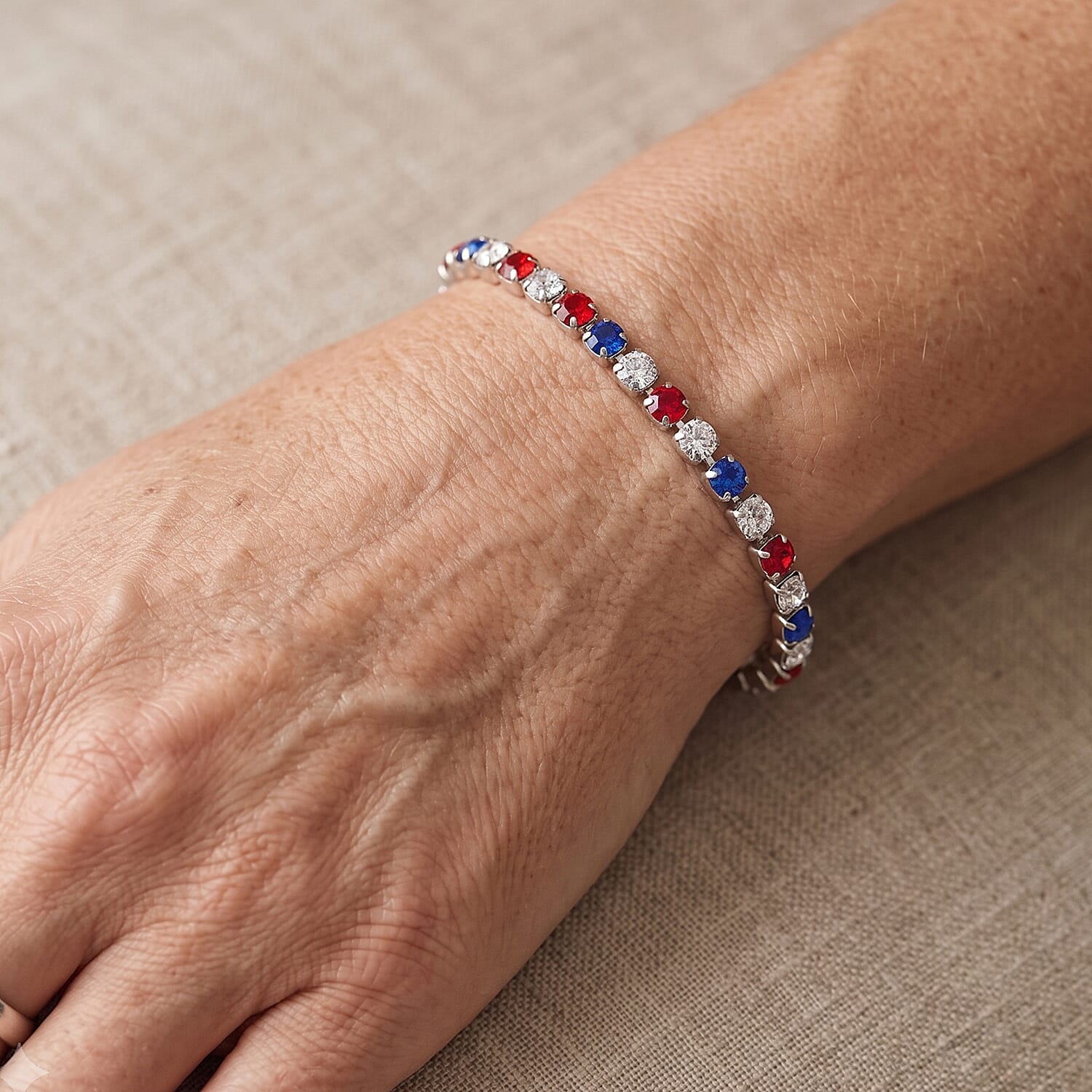 Multi Color Austrian Crystal USA Flag Pattern Bracelet in Silvertone (7.25 In)