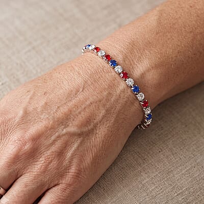 Multi Color Austrian Crystal USA Flag Pattern Bracelet in Silvertone (7.25 In)