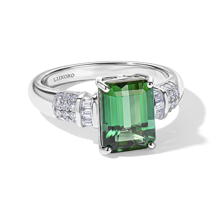 Luxoro AAA Mint Tourmaline and Diamond I2 3.75 ctw Royal Throne Ring in 14K White Gold (Size 7.0) 4.10 Grams