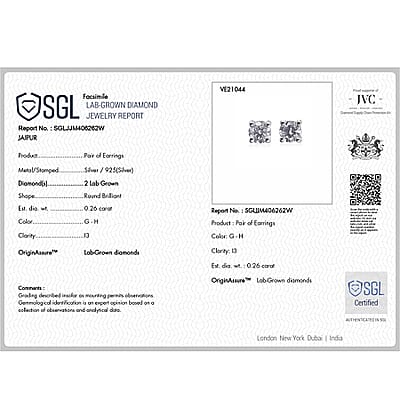 SGL Certified D'Joy Lab Grown Diamond I3 0.25 ctw Earrings in Rhodium Over Sterling Silver