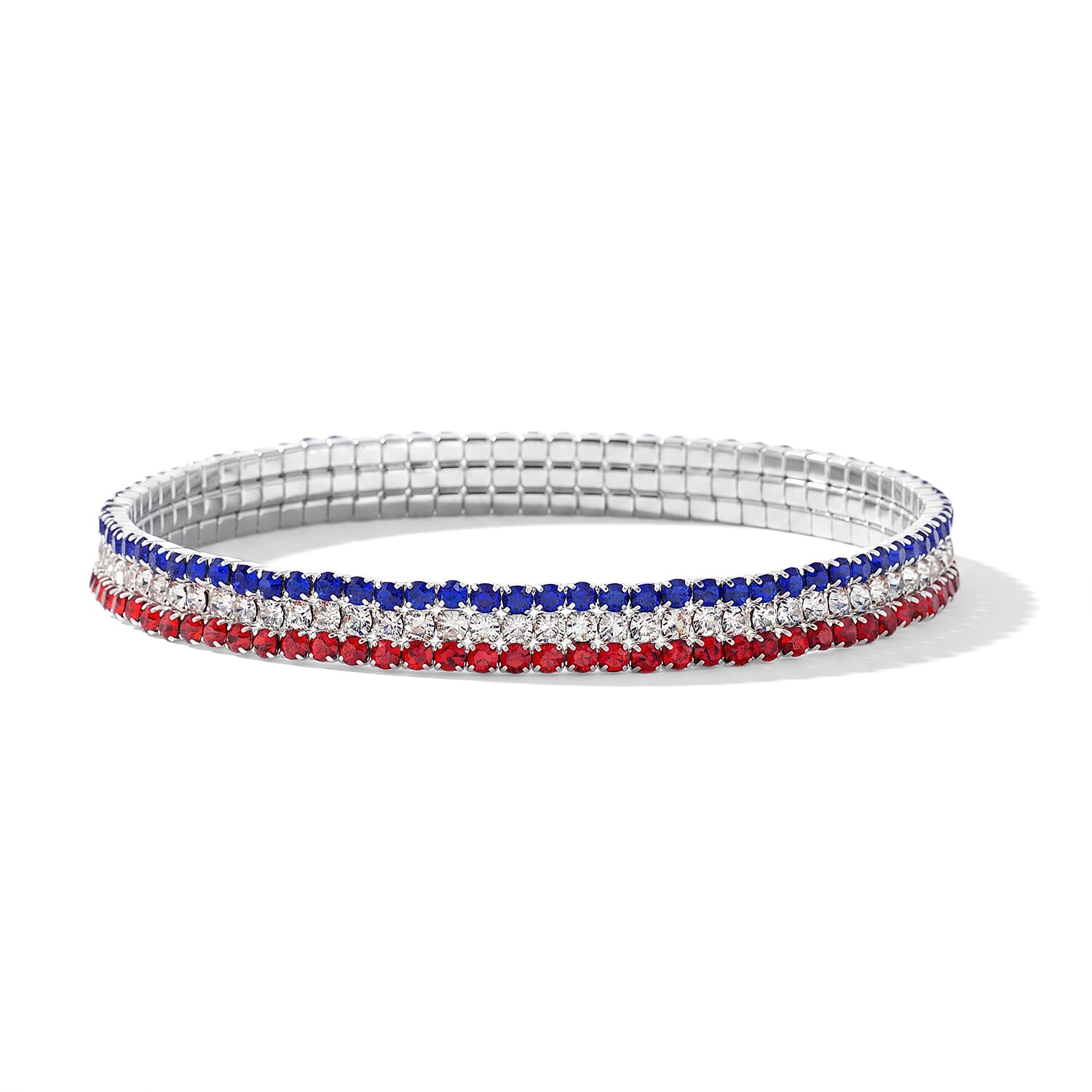 Multi Color Austrian Crystal USA Flag Pattern Bracelet in Silvertone (7.25In)