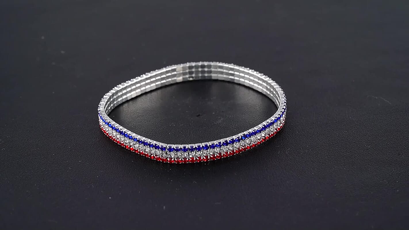 Multi Color Austrian Crystal USA Flag Pattern Bracelet in Silvertone (7.25In)