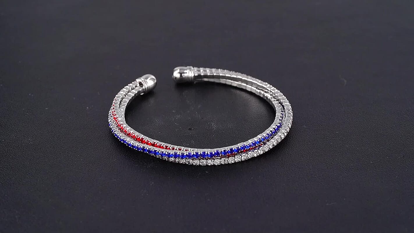 Multi Color Austrian Crystal USA Flag Pattern Cuff Bracelet in Silvertone (6.50-7.50In)