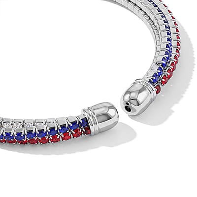 Austrian Multi Color Crystal USA Flag Pattern Cuff Bracelet in Silvertone (6.50-7.50In)