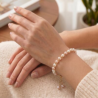 Peach Freshwater Pearl Bolo Bracelet in Goldtone