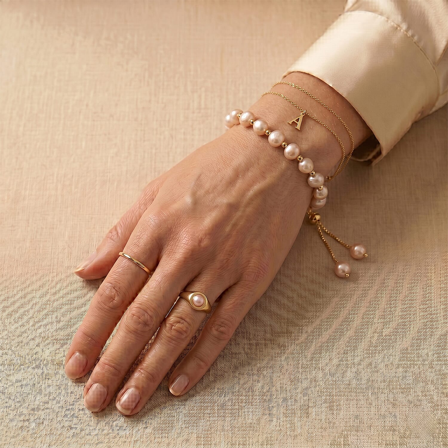 Peach Freshwater Pearl Bolo Bracelet in Goldtone