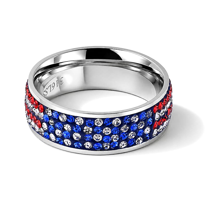 Multi Color Austrian Crystal USA Flag Pattern Ring in Stainless Steel (Size 6)