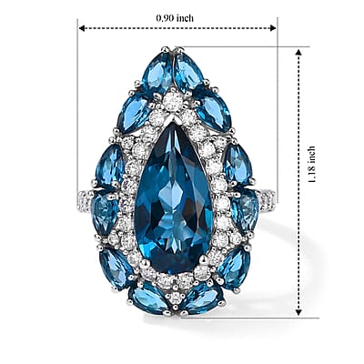 D'Joy London Blue Topaz and Moissanite 8.75 ctw Ring in Rhodium Over Sterling Silver (Size 6.0)