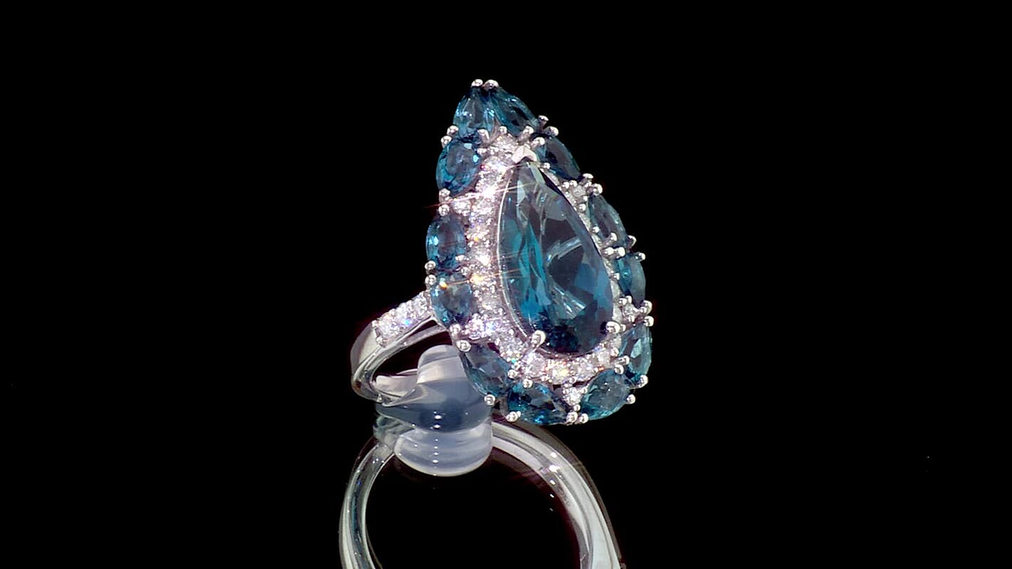 D''Joy London Blue Topaz, Moissanite Ring in Rhodium Over Sterling Silver (Size 10.0) 8.75 ctw