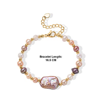 Multi Color Keshi Pearl and Multi Color Freshwater Pearl Bracelet in Goldtone (6.5-8.5In)
