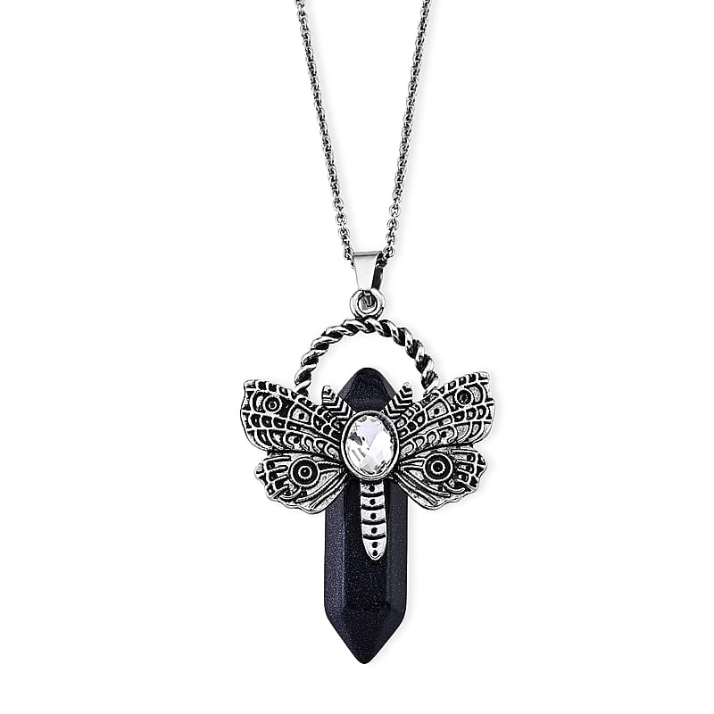 Black Sandstone 55.00 ctw Pendant in Silvertone with Stainless Steel Necklace 20 Inches