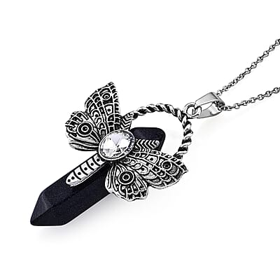 Black Sandstone 55.00 ctw Pendant in Silvertone with Stainless Steel Necklace 20 Inches