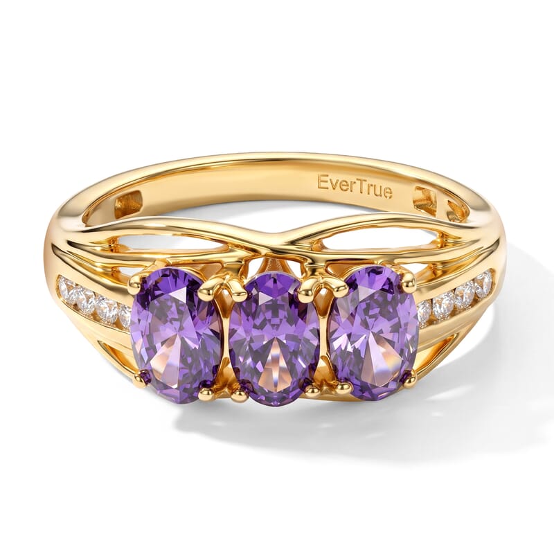 EverTrue Simulated Amethyst and Champagne Color Diamond Trilogy of Violets Ring in 18K YG Plated (Size 5.0)