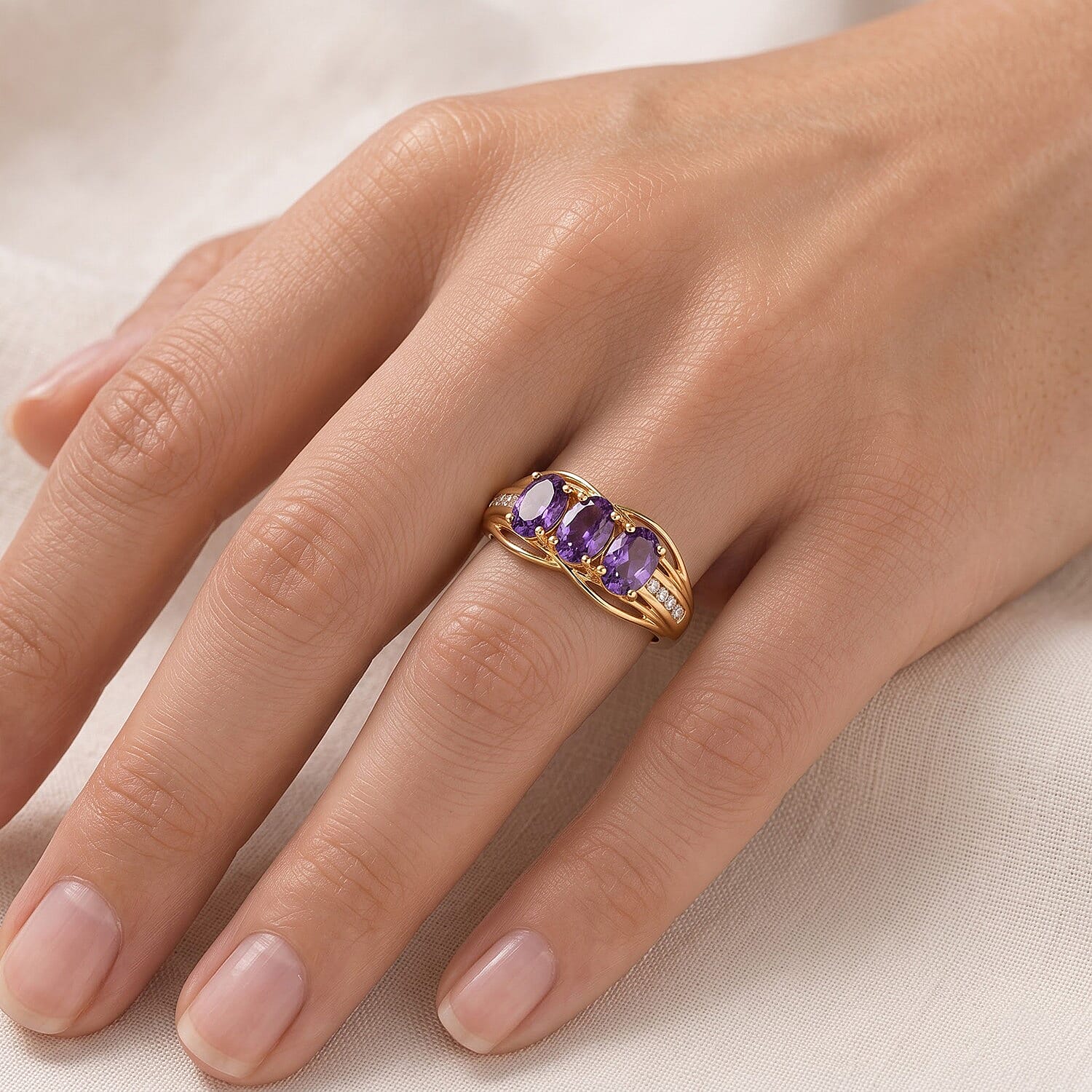 EverTrue Simulated Amethyst and Champagne Color Diamond Ring in 18K YG Plated (Size 5.0)