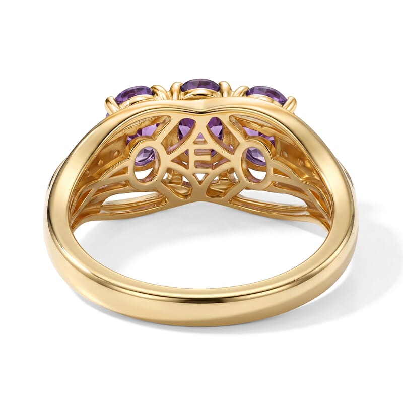 EverTrue Simulated Amethyst and Champagne Color Diamond Trilogy of Violets Ring in 18K YG Plated (Size 5.0)