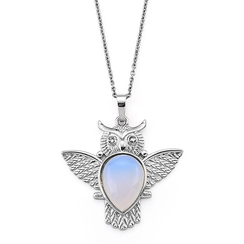 White Opal 15.00 ctw Pendant in Silvertone with Stainless Steel Necklace (20 Inches)
