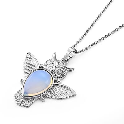 White Opal 15.00 ctw Pendant in Silvertone with Stainless Steel Necklace (20 Inches)