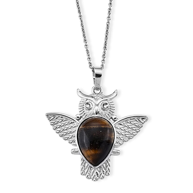 Tiger Eye 17.00 ctw Pendant in Silvertone with Stainless Steel Necklace 20 Inches