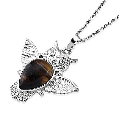 Tiger Eye 17.00 ctw Pendant in Silvertone with Stainless Steel Necklace 20 Inches