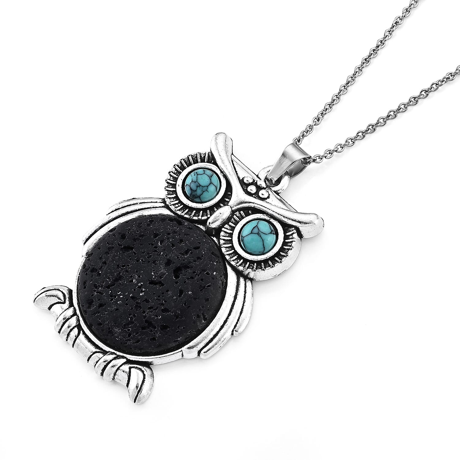 Turquoise and Lava 23.00 ctw Owl Pendant in Silvertone with Stainless Steel Necklace (20 Inches)