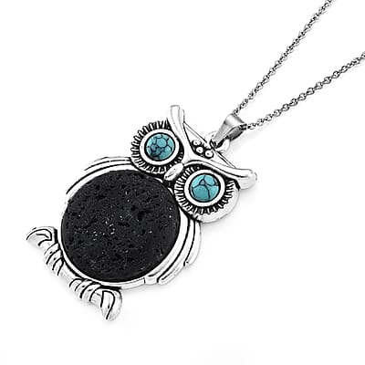 Turquoise and Lava 23.00 ctw Owl Pendant in Silvertone with Stainless Steel Necklace (20 Inches)