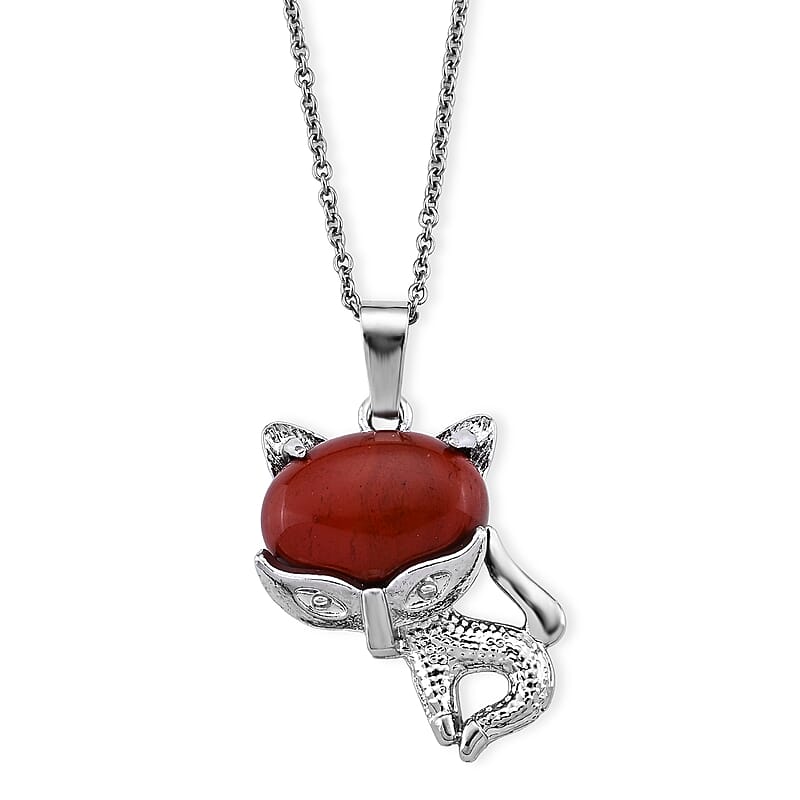Red Jasper 15.00 ctw Pendant in Silvertone with Stainless Steel Necklace 20 Inches
