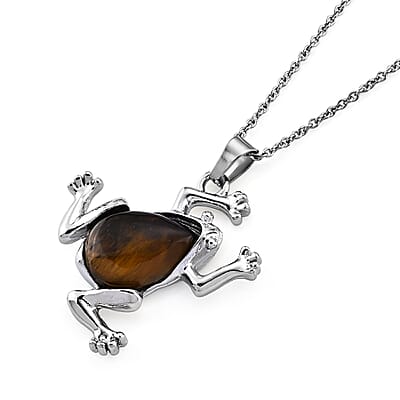 Tiger Eye 15.00 ctw Pendant in Silvertone with Stainless Steel Necklace 20 Inches