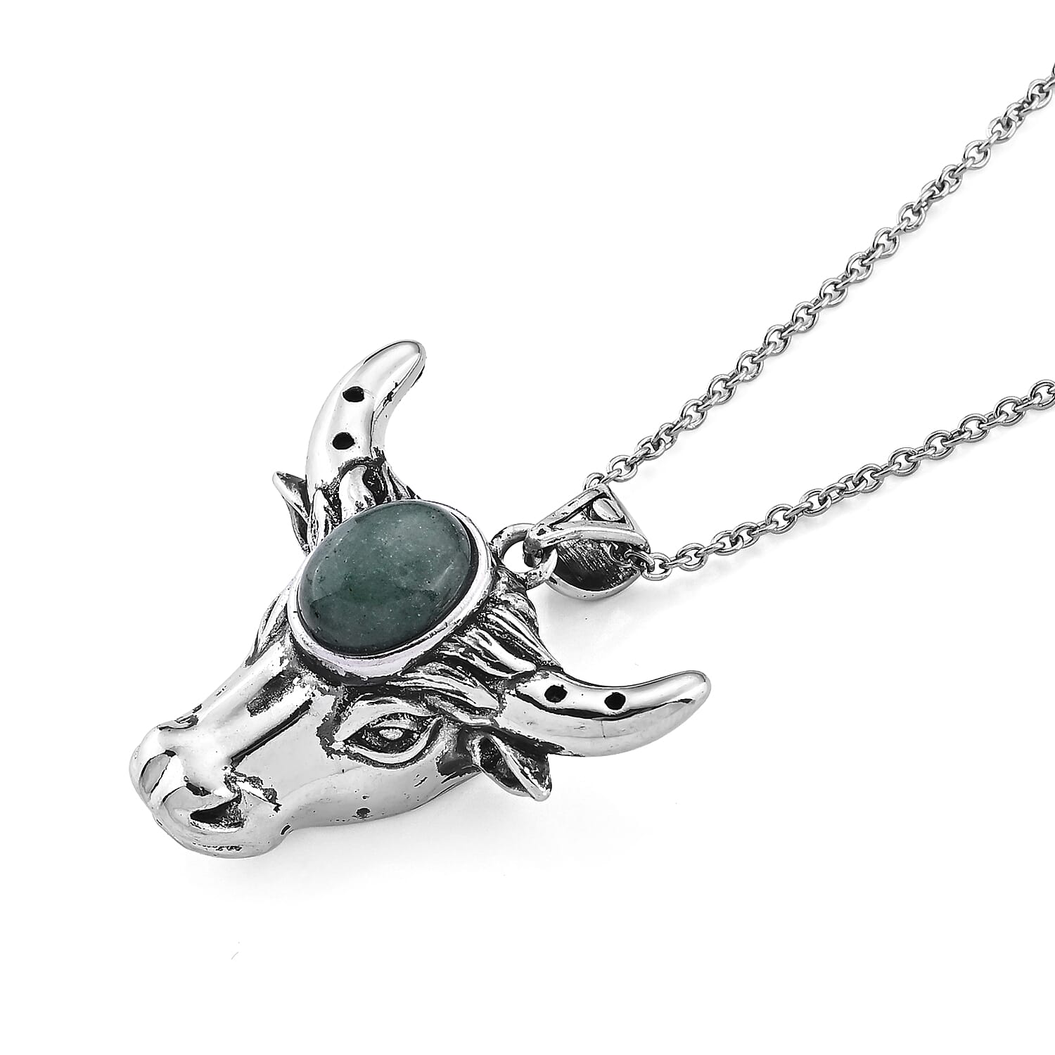 Green Aventurine 15.00 ctw Bull Head Pendant in Silvertone with Stainless Steel Necklace (20 Inches)