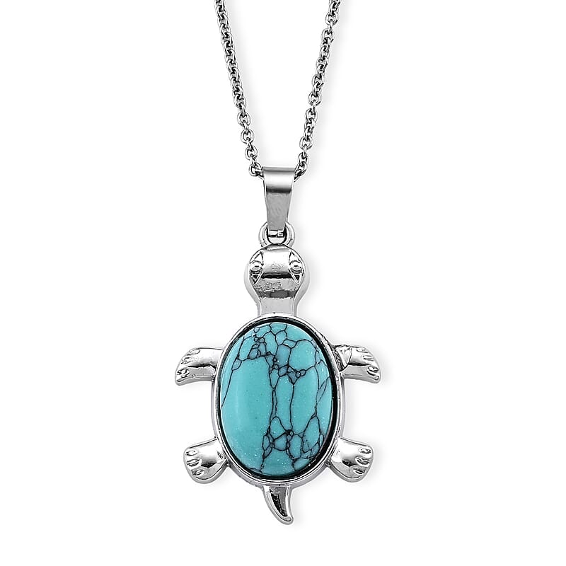 Turquoise 15.00 ctw Pendant in Silvertone with Stainless Steel Necklace 20 Inches