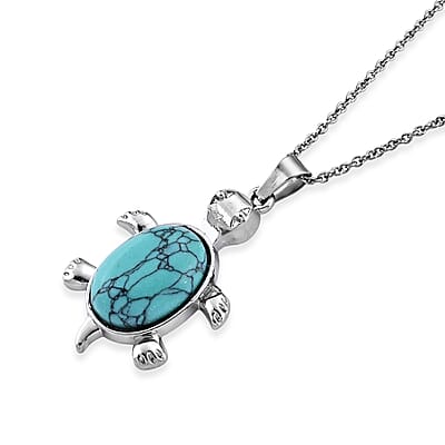 Turquoise 15.00 ctw Pendant in Silvertone with Stainless Steel Necklace 20 Inches