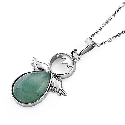 Green Aventurine 15.00 ctw Pendant in Silvertone with Stainless Steel Necklace 20 Inches