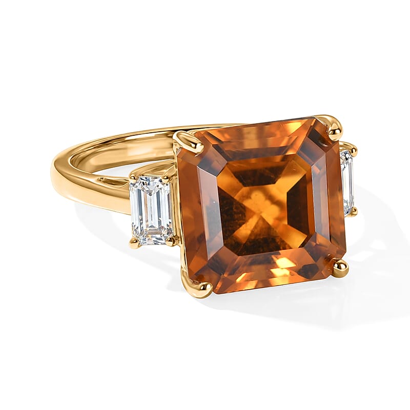 D'Joy Asscher Cut AAA Santa Ana Madeira Citrine, Moissanite Ring in 18K Vermeil YG Over Sterling Silver (Size 6.0) 9.50 ctw