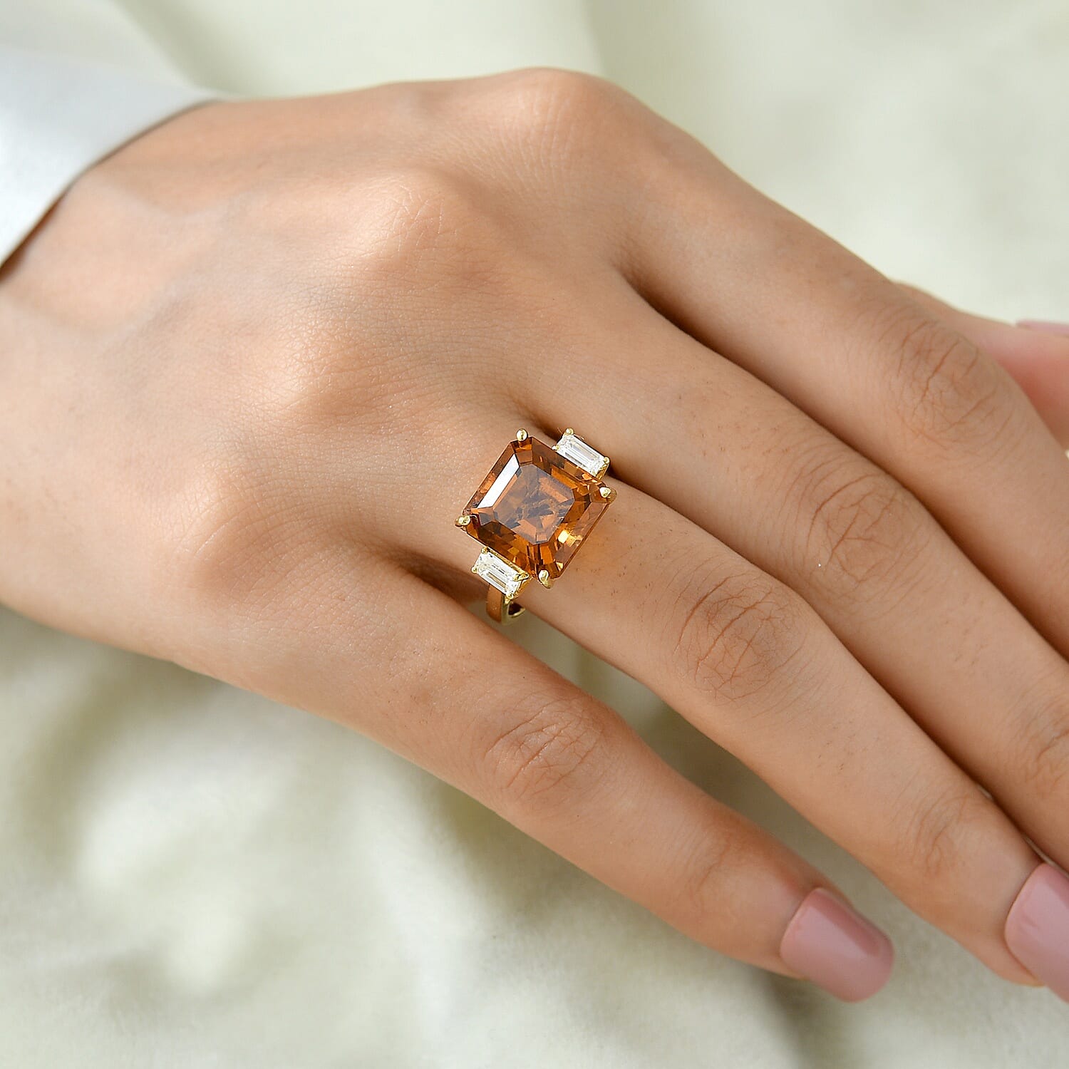 D'Joy Asscher Cut AAA Santa Ana Madeira Citrine, Moissanite Ring in 18K Vermeil YG Over Sterling Silver (Size 6.0) 9.50 ctw
