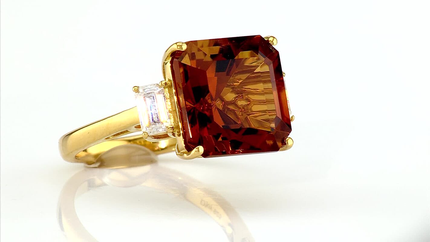 D''Joy Asscher Cut AAA Santa Ana Madeira Citrine, Moissanite Ring in 18K Vermeil YG Over Sterling Silver (Size 7.0) 9.50 ctw