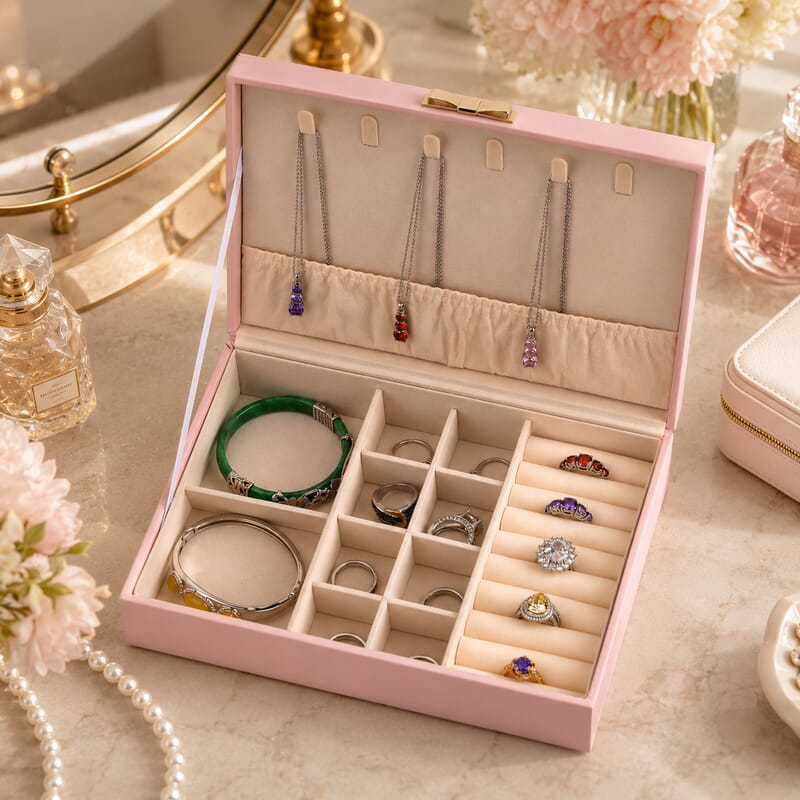 Livmore Pink Faux Leather Stitching Surface Jewelry Box