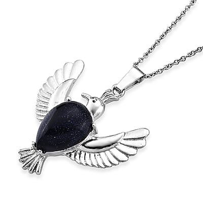 Blue Sandstone 12.00 ctw Pendant in Silvertone with Stainless Steel Necklace 20 Inches