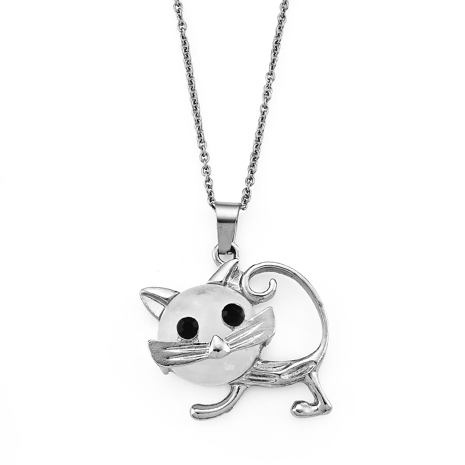 Austrian White Crystal 25.00 ctw Cat Pendant in Silvertone with Stainless Steel Necklace (20 Inches)