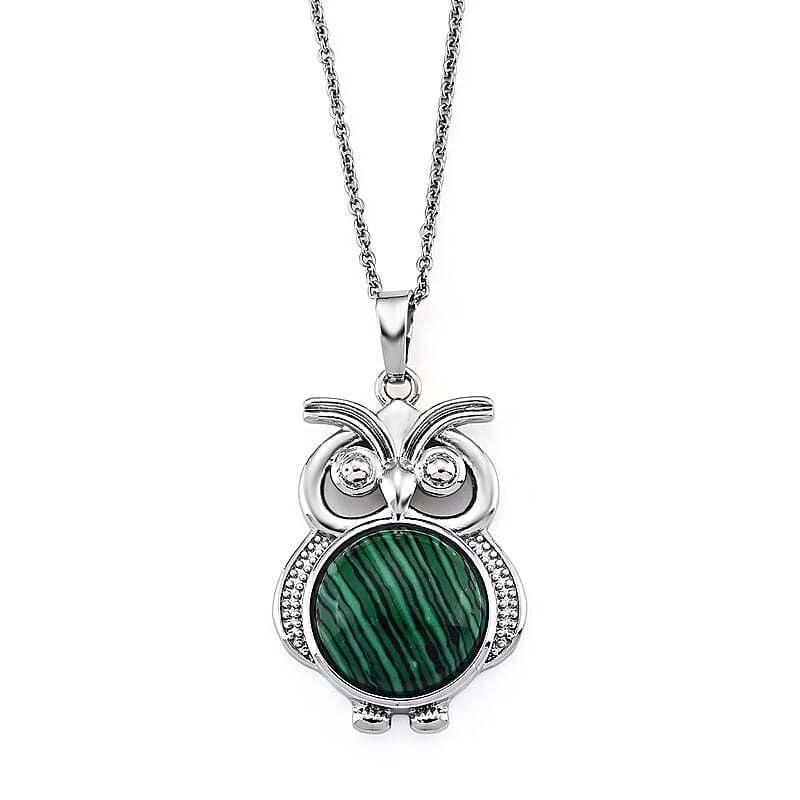 African Malachite 20.00 ctw Pendant in Silvertone with Stainless Steel Necklace 20 Inches