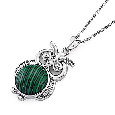 African Malachite 20.00 ctw Pendant in Silvertone with Stainless Steel Necklace 20 Inches