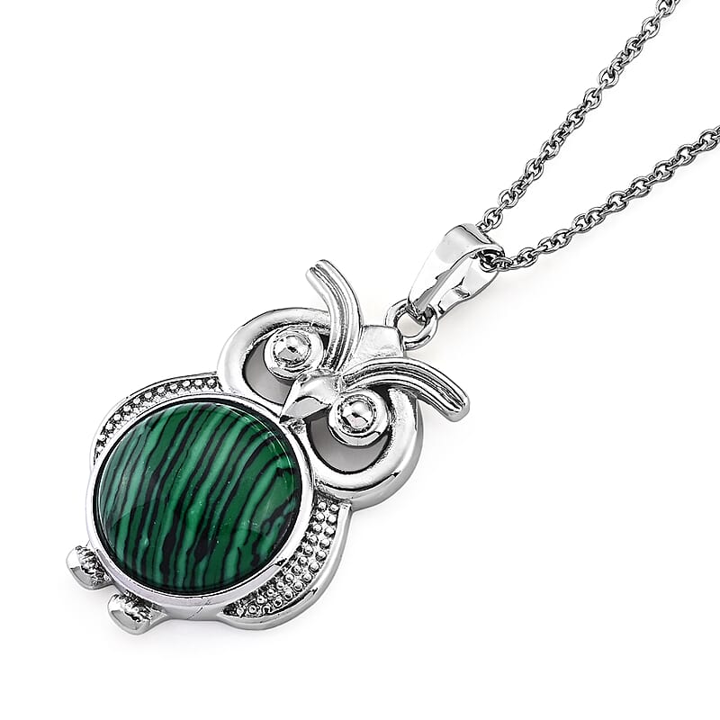 African Malachite 20.00 ctw Pendant in Silvertone with Stainless Steel Necklace 20 Inches