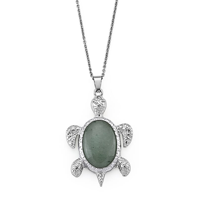 Green Aventurine 22.00 ctw Pendant in Silvertone with Stainless Steel Necklace 20 Inches