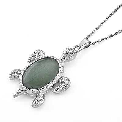 Green Aventurine 22.00 ctw Pendant in Silvertone with Stainless Steel Necklace 20 Inches